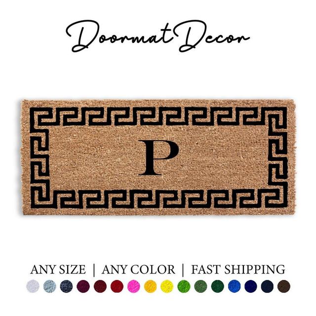Personalized Greek Key Border Doormat Flocked Coir Welcome Mat Family Name Housewarming Gift
