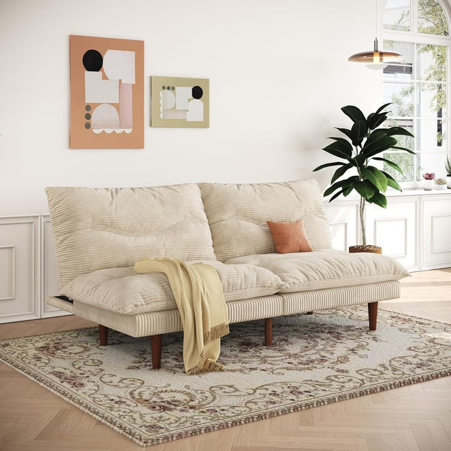 DreamDashio Futon Sofa Bed, 69'' Futon Couch with Adjustable Backrest, Folding Sleeper Recliner, Corduroy Convertible Sleeper Sofa Bed for Apartment, Living Room, Office, Beige