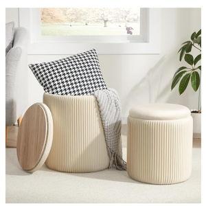 Juego de 2 otomanas redondas con almacenamiento, taburete de tocador con almacenamiento para dormitorio, mesa de centro otomana, taburete pequeño de terciopelo para sala de estar, beige