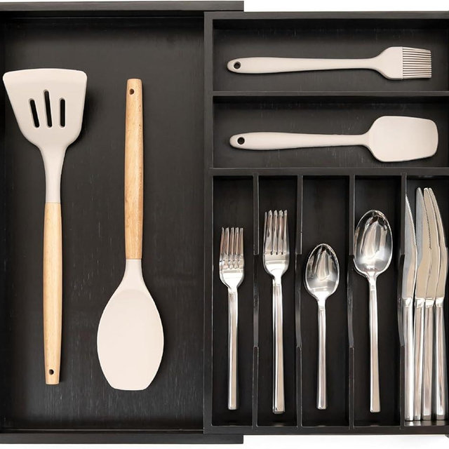 KitchenEdge Premium Silverware, Flatware and Utensil Organizer for Kitchen Drawers, Food-Safe Contract Grade, Expandable from 11" to 19", Black Bamboo