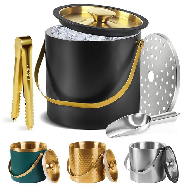Ice Bucket, Ice Bucket with Silicone Sealing Ring Double-Wall Vacuum Insulation Champagne Buckets with Filter Layer Ice Tongs Ice Scoop (Black, 3 L)