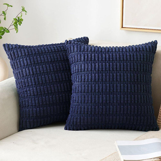 MIULEE Pack of 2 Corduroy Decorative Throw Pillow Covers 18x18 Inch Soft Boho Striped Pillow Covers Modern Farmhouse Home Decor for Sofa Living Room Couch Bed Dark Blue