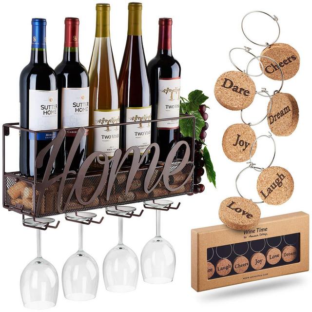 ANNA STAY - Wall Mounted Wine Rack | Bottle & Glass Holder | Cork Storage Store Red, White, Champagne | Come with 6 Cork Wine Charms | Home & Kitchen Décor | Storage Rack | Designed by Anna Stay,Home