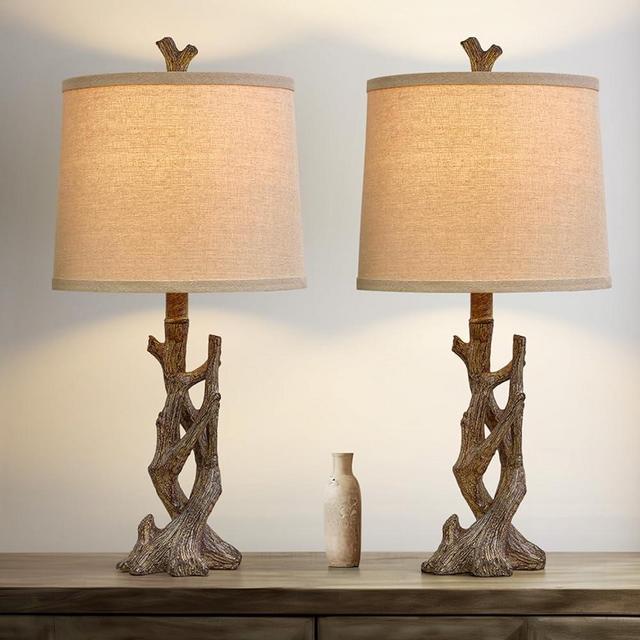 OYEARS 23" Rustic Farmhouse Table Lamp Country Cottage Lamps for Nightstand Tree Trunk Wood Grain Lamp for Bedroom Living Room with Oatmeal Fabric Round Shade Resin Bedside Lamp