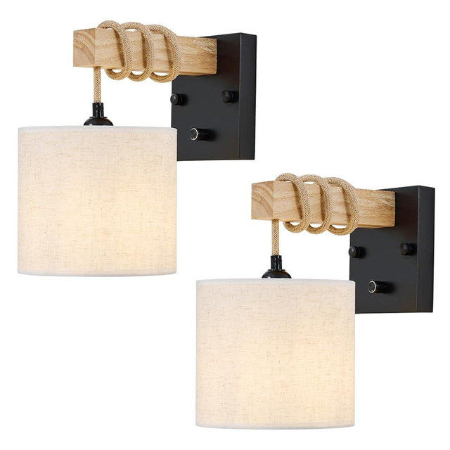 Neechicx Boho Wall Sconces Set of Two, Hardwired Farmhouse Fabric Wall Lamps with Wooden Arm & On/Off Dimmable Switch,Rustic Indoor Wall Mount Light Fixtures for Bedroom Nursery Living Room Bathroom