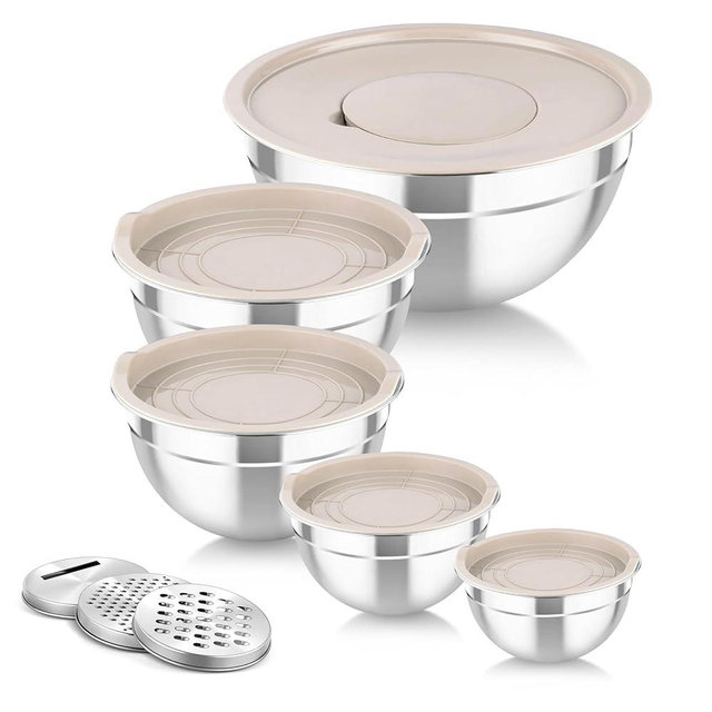 TeamFar Mixing Bowls with Airtight Lids, 5PCS Stainless Steel Metal Salad Bowl with 3 Grater Attachments, for Cooking, Prepping, Serving, Healthy & Easy Clean - 0.7/1/1.5/2.6/4.6QT, Khaki