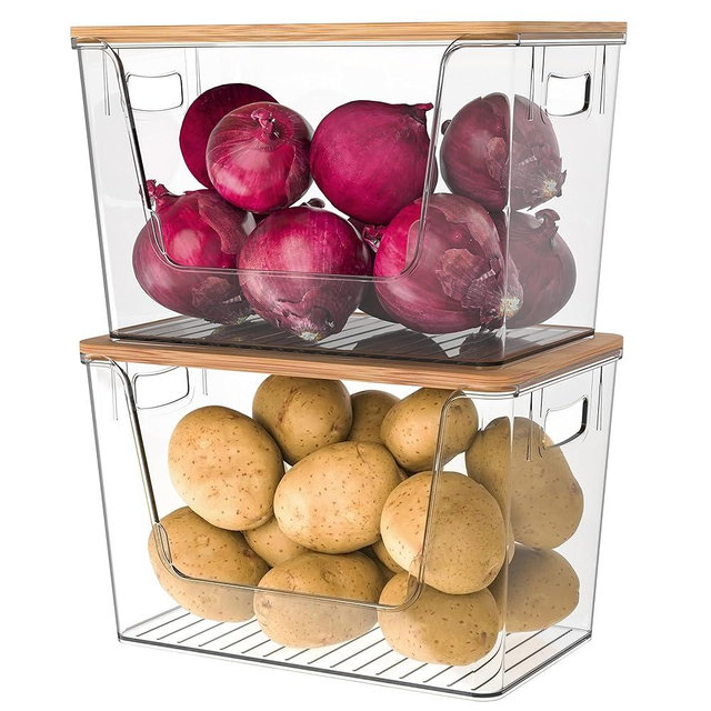 2 Set Potato and Onion Storage Bin, Stackable Clear Fruit and Vegetable Storage, Acrylic Pantry Organizers and Storage with Bamboo Lid for Potato Onion Produce Fruit Vegetable Storage (Clear, 2 PACK)