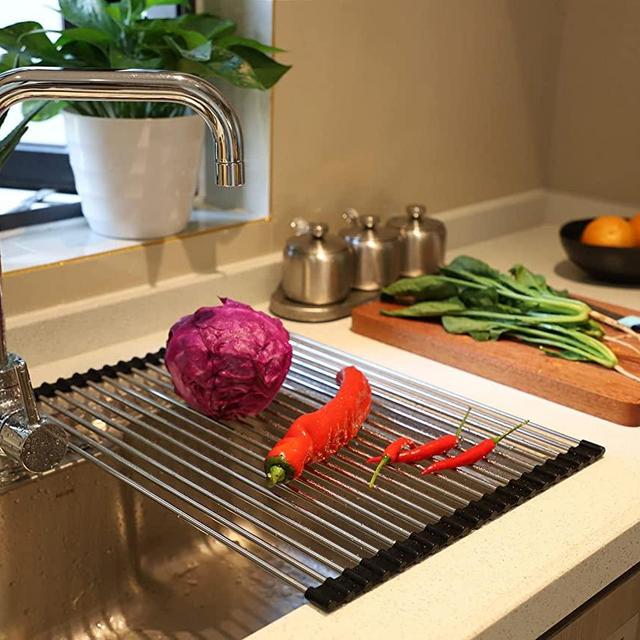 Ahyuan Roll up Dish Drying Rack Over The Sink Kitchen Roll up Sink Drying Rack Portable Dish Rack Dish Drainer Foldable SUS304 Stainless Steel Dish Drying Rack (17.8''x14'')