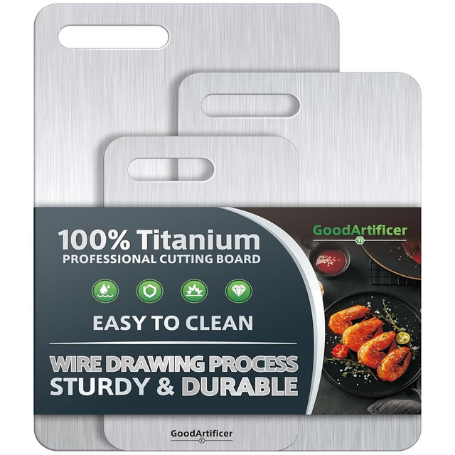 Titanium Cutting Boards Set of 3, 100% Pure Titanium Kitchen Cutting Board, Double-Sided Non-Toxic Cutting Board, Ideal for Slicing and Dicing Meats, Features Handle, Dishwasher Safe