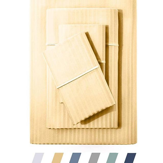 Feather & Stitch 500 Thread Count King Size Cotton Sheets 4 Piece Damask Stripe Sheet Set 18 Inch Deep Pocket Sateen Weave Striped Sheets with 2 Pillowcases Luxury Bedding Semolina