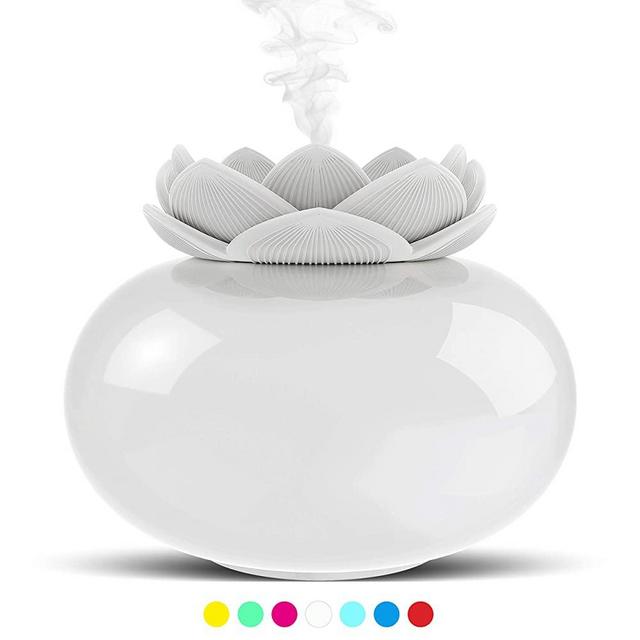 Ceramic Essential Oil Diffuser,Personal Humidifiers Small for Office Desk,EEssen Cute Lotus USB Cool Mist Humidifier Ultrasonic,7 Colors LED Light Auto Shut-off(White)