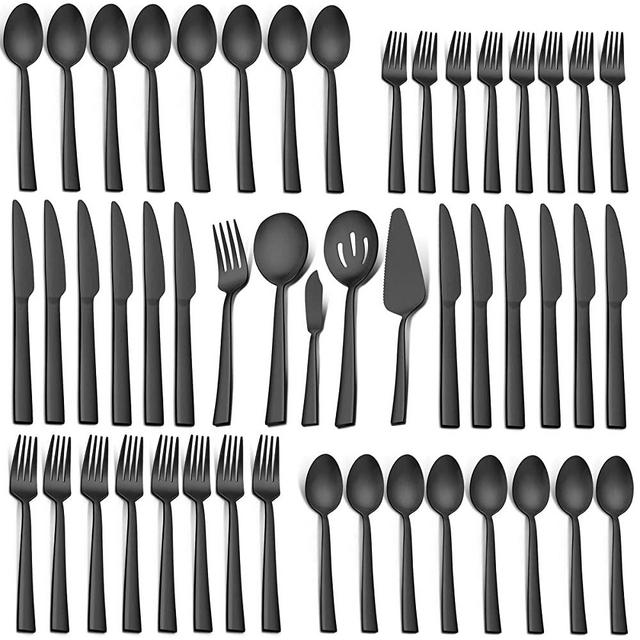 LIANYU 65-Piece Matte Black Silverware Set with Serving Utensils, Stainless Steel Flatware Cutlery Set for 8, Square Tableware Eating Utensils Set for Wedding Home, Satin Finish, Dishwasher Safe