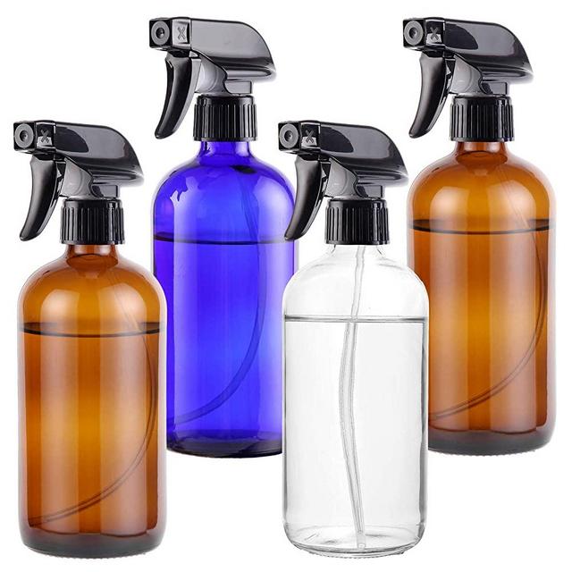 Empty Glass Spray Bottles 16oz for Cleaning, Plants, Pets, Essential Oils, Air Freshener, Durable Black Trigger Sprayer with Stream and Mist Settings (16oz X 4, Amber+Blue+Clear)