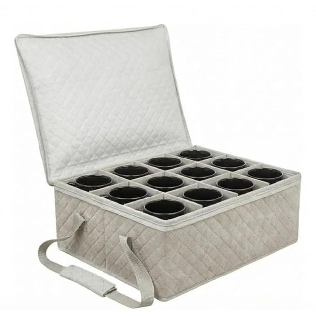 Coffee Mug Storage Bin - Mug Storage Box for Coffee Cups & Mugs (Holds 12 Cups) - Stackable Mug Storage Organizer with Dividers for Kitchen Cabinets & Countertops (Grey & Beige) by Govilla