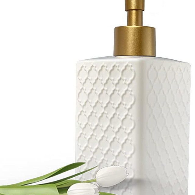 Gold Soap Dispenser for Bathroom,Retro White Square Lotion Dispenser, Refillable Countertop Ceramic Hand Soap Dispenser,Dish Soap Dispenser for Kitchen Sink 350ml(Relief White Square Bottle)