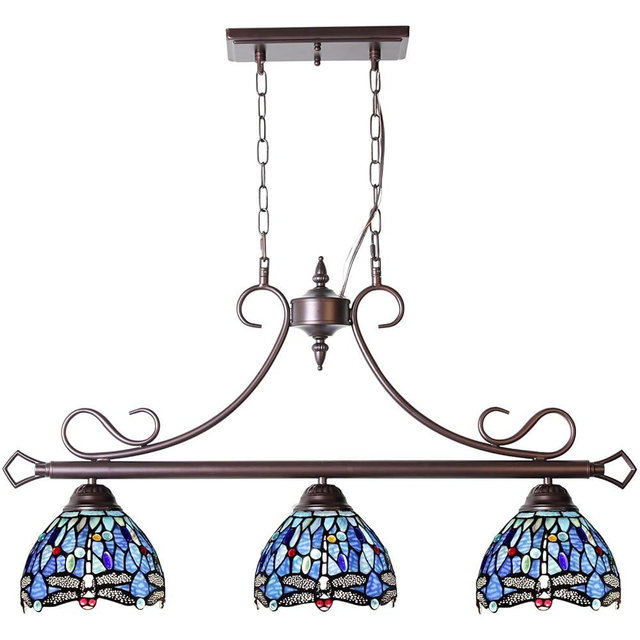 Capulina Tiffany Pendant Light 3-Light 33 Inches Wide Antique Blue Dragonfly Style Chandelier Pendant Lighting Fixture for Home Kitchen Island Dining Room