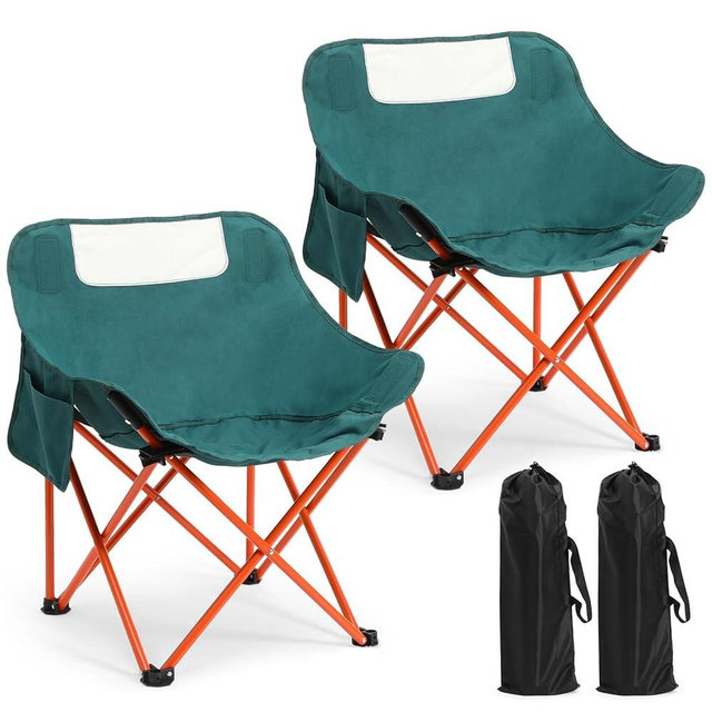 Seeloowy 2 Pack Compact Camping Chairs Portable Folding for Outside with Carry Bag Lightweight Moon Chairs for Travel Picnic Hiking Beach Fishing, 600D Oxford, Supports 330lbs(Green)
