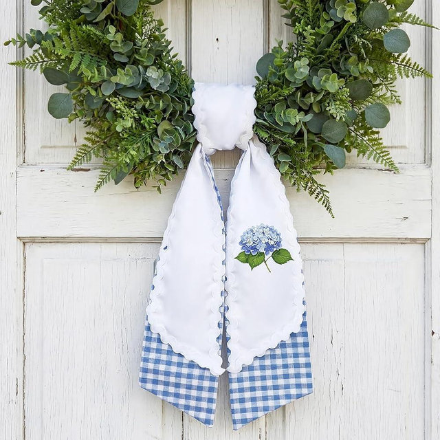 Yinder 2 Pcs Layered Wreath Sash for Front Door, Spring Hydrangea Floral Garland Ribbon for Holiday Wedding Party, Detachable Ric Rac Trim White and Blue Gingham Wreath Sash, Home Decor Indoor Outdoor
