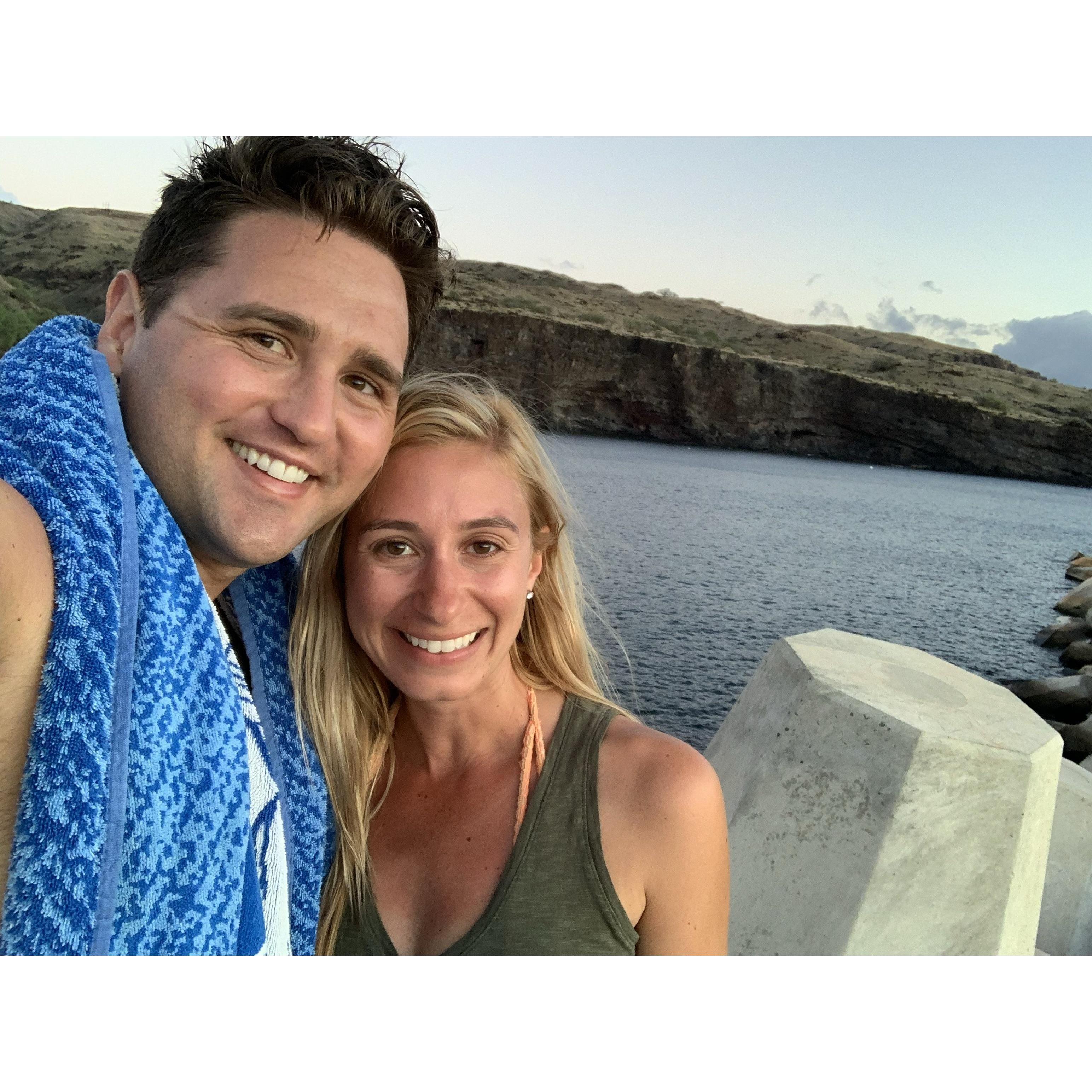Our trip to Maui and Lanai, Hawaii. We drove down to watch the sunset at the Lanai shipping harbor. Bryce saw all the little keiki's jumping off the dock into the water and had to join them.