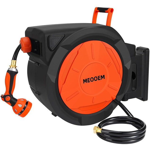 1/2 Inch 150FT Retractable Garden Hose Reel Wall Mounted Heavy Duty, 10 Pattern Nozzle & 180°Swivel Bracket, Automatic Rewind Water Hose Reels for Outside Yard, Any Length Lock (3/4" Brass Fitting)
