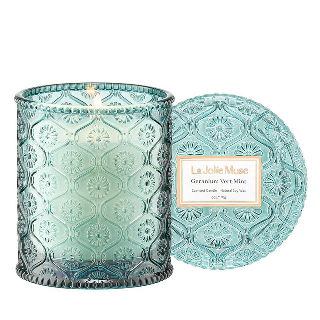 LA JOLIE MUSE Geranium Vert Mint Scented Candles, Mint Candles for Home Scented, Spring Summer Natural Soy Wax Candle, Candles Gifts for Women, 6 oz 40 Hours Burn