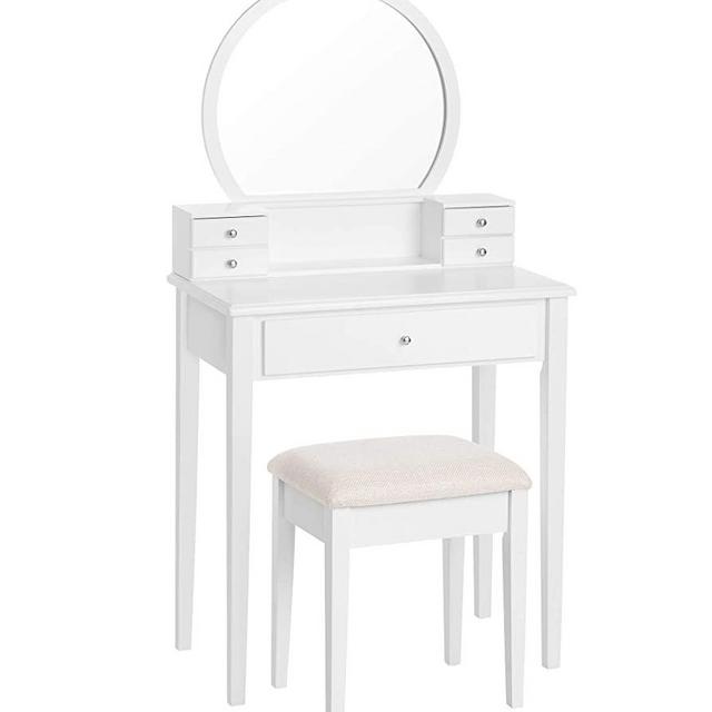 VASAGLE Vanity Set Makeup Dressing Table with Mirror, Padded Stool, 5 Drawers, 27.6 x 15.7 x 52.8 inches, White