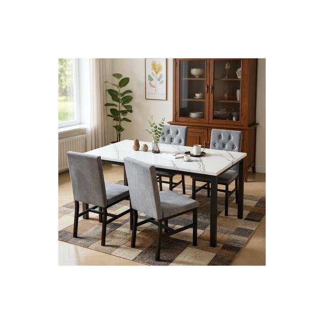 Hooseng 5-Piece Dininng Room Table Set with 4 Uphosltered Dining Chairs, Faux Marble Table Top and Metal Frame Space-Saving Dining Table Set for 4