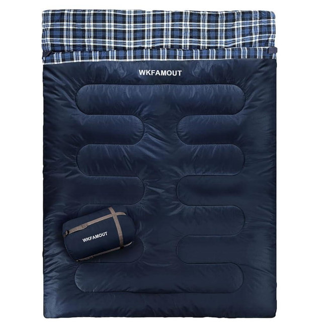 WKFAMOUT Double Sleeping Bag for Adults Machine Washable 2 Person Camping Sleeping Bag Queen Size Waterproof with Compression Sack for Cold Weather 3-4 Seasons