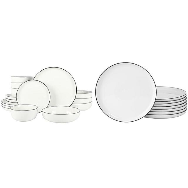 Gibson Home Oslo 16 Piece Porcelain Dinnerware Set, White w/Black Rim, Service for 4 (16pcs) & Oslo 8-Piece Porcelain Chip and Scratch Resistant Dinner Plate Set - White w/Black Rim