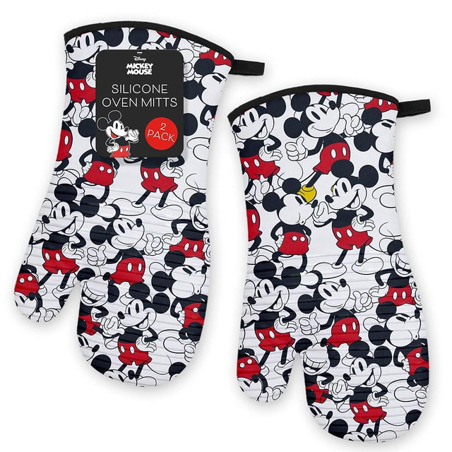 Disney Silicone Oven Mitts Heat Resistant – Set of 2 Long Cuff Cotton Kitchen Mitts with Silicone Grip Stripes, Cute Oven Mitts & Pot Holders for Cooking, Baking & Kitchen Essentials- Mickey