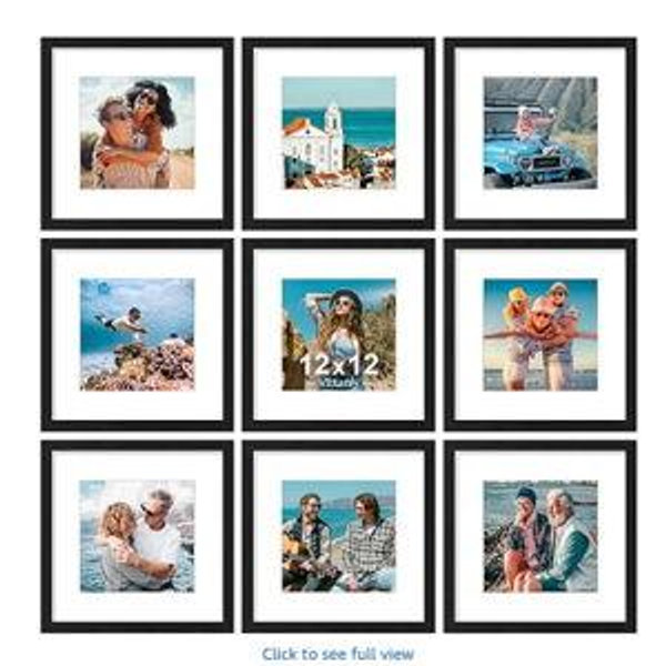 Vittanly 12x12 Picture Frames Set of 9, Shatter Resistant Plexiglass, Display 8x8 Pictures with Mat or 12x12 without Mat, Photo Frames for Wall Mount, Engineered Wood, Black