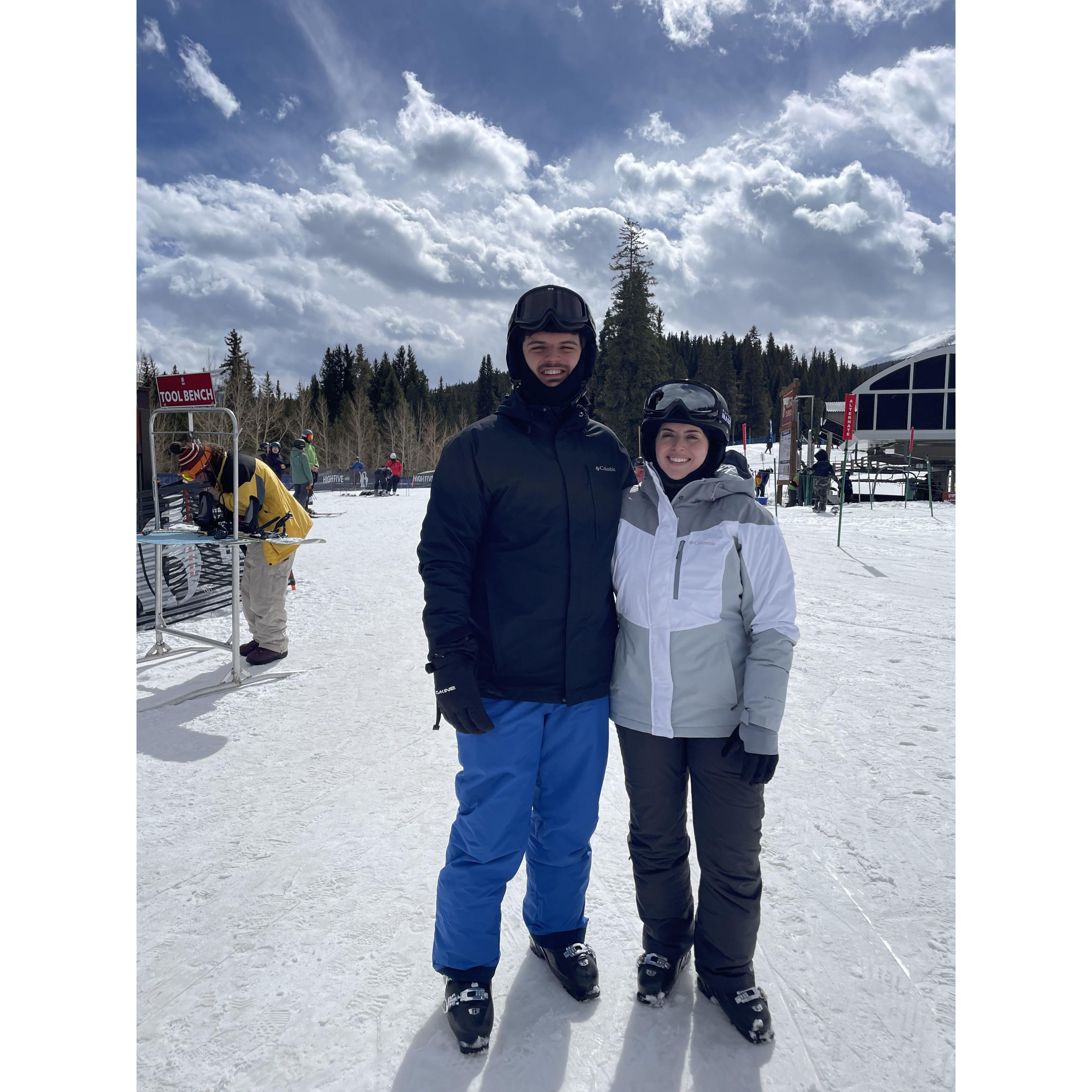 Jordan teaching Kristina how to ski in Breckenridge, Colorado. This was the first of what will be many ski trips during our lives together!