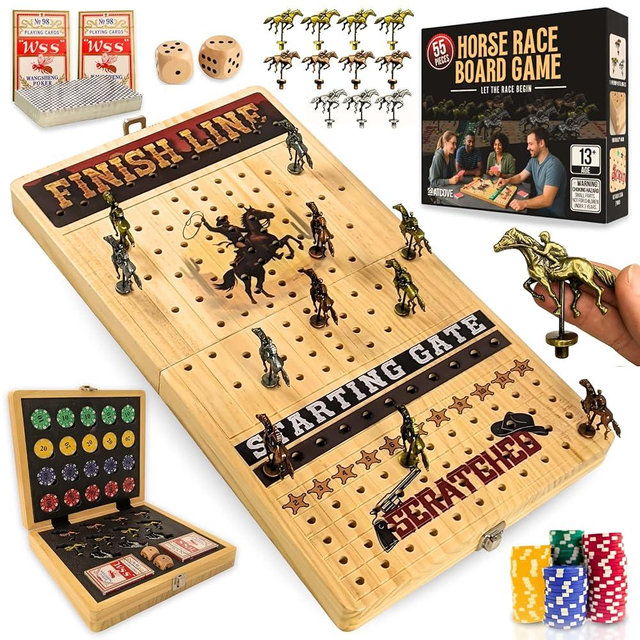Horse Racing Board Game - Large 22 Inches Folding Horse Race Game Board Adult - Exciting Family Racing Set with Built-in Storage for Premium Chips, 2 Sets of Cards, 2 Dice, and 11 Metal Derby Tokens