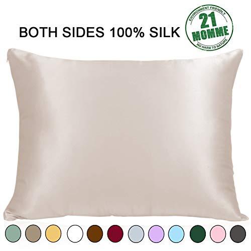 Ravmix 100% Pure Natural Mulberry Silk Pillowcase Standard Size for Hair and Skin, 21 Momme 600TC Hypoallergenic Both Sides Soft Breathable with Hidden Zipper, 20×26 inches, 1-Pack, Beige