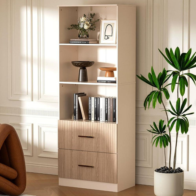 Housoul Oak Bookshelf with Drawers, 63" Tall Book Shelf with Storage, 3 Shelf Bookcase with Adjustable Shelf, 3 Tier Modern Book Shelf, Open Shelves Bookcase, Unique Bookshelf Home Office, Oak
