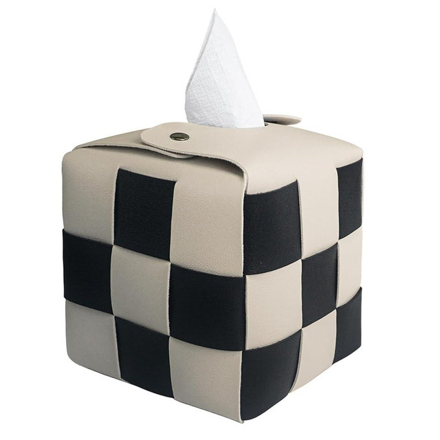 MSJGA Tissue Box Cover, Square PU Leather Tissue Box Holder with Metal Buckle, Checkered Tissue Box, Decorative Organizer for Bedroom, Vanity Desk, Nightstand, Bathroom, Office (Beige)