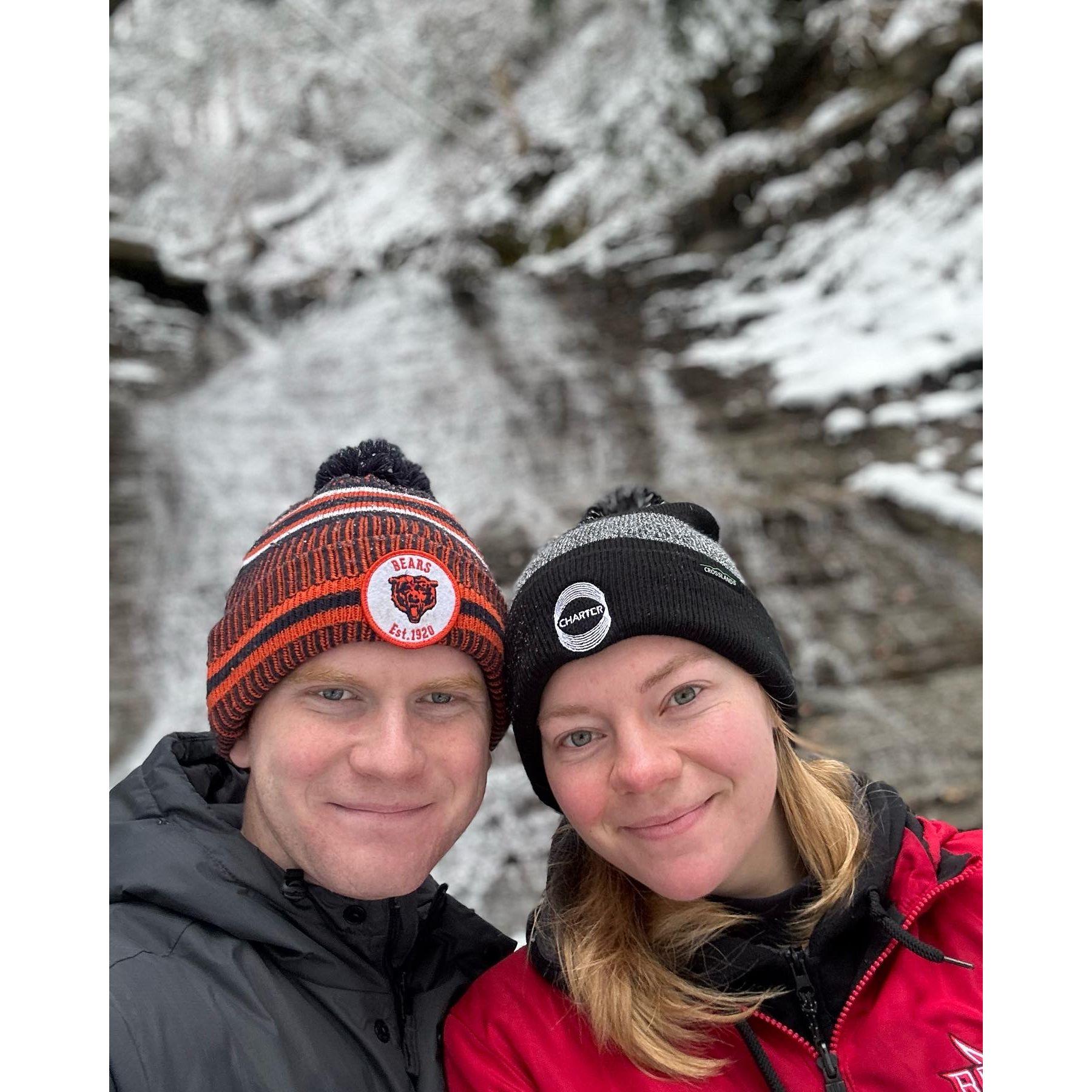 Our first hike together consisted of 5 hours of 5" of freshly fallen snow, 30 degrees, and multiple streams to cross to find a secret waterfall!