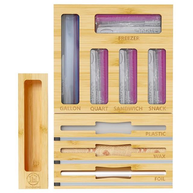 DALSHABET 9 IN1 Bamboo Storage Bag Drawer Organizer with Cutter, Foil and Plastic Wrap Dispenser for Kitchen Storage Compatible with All Brands Gallon, Quart, Sandwich & Snack Size Bags - Beige