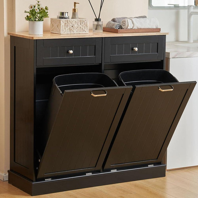 AHB Double Tilt Out Trash Can Cabinet Hidden Kitchen Trash Can, 2x13 Gallons Freestanding Recycling Cabinet with Hideaway Drawers Pet Proof Trash Can for Kitchen Living Room, Black