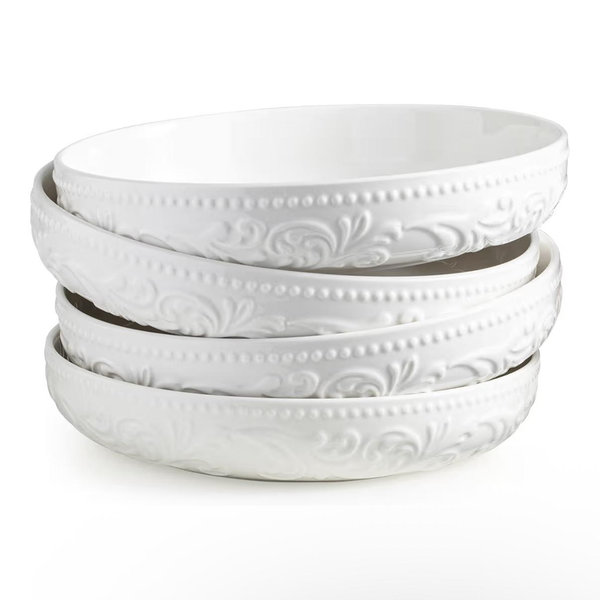 Ceramic Pasta Bowls Set of 4, 50 OZ, 9.75", Microwave Dishwasher Safe, Embossed Morning Glory