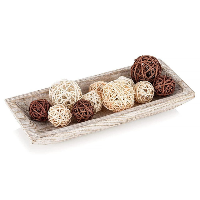 Hanobe Decorative Wood Dough Bowl: Long Wooden Centerpiece Table Decorations Natural Candle Holder Tray Decor Rustic Unfinished Trough Centerpieces for Dining Room Kitchen Fruit Bowls, White