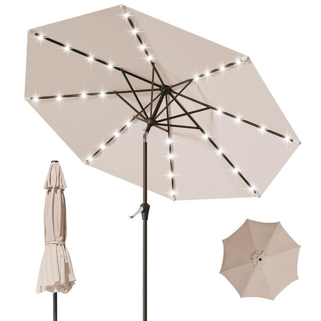 Tobeos 9FT Patio Umbrella with Solar Lights,Outdoor Market Umbrella with Tilt and Crank, LED Lighted Table Umbrella for Garden,Deck,Backyard,Pool,Beach