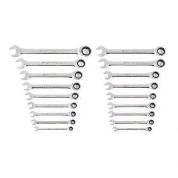 SAE/MM 90-Tooth Pro Combination Ratcheting Wrench Tool Set with Tray (18-Piece)