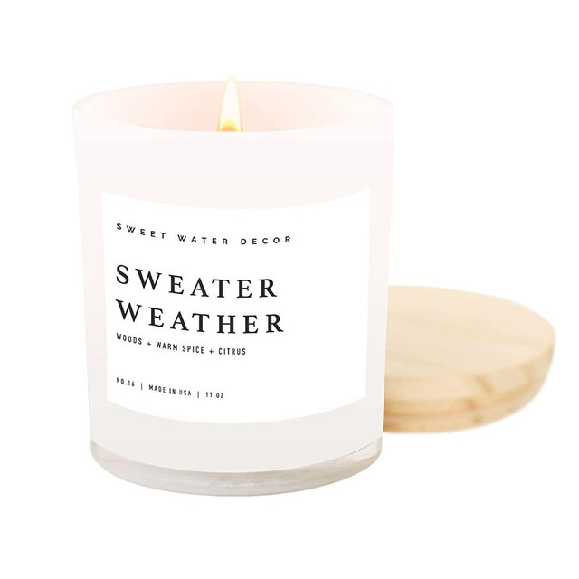 Sweet Water Decor Sweater Weather Soy Candle | Woods, Warm Spice, and Citrus Fall Scented Candles for Home | 11oz White Jar + Wood Lid, 60 Hour Burn Time, Made in the USA