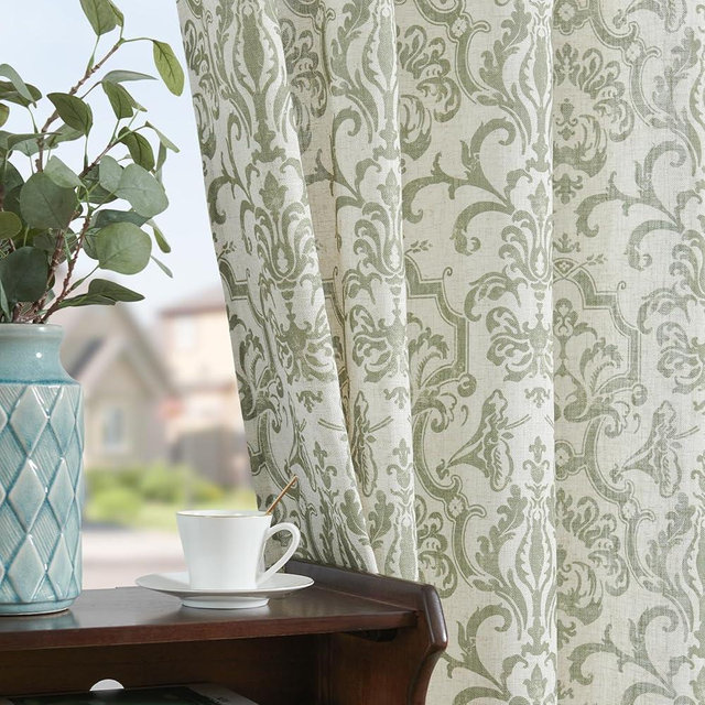 jinchan Curtains for Bedroom, Light Filtering Curtains 90 Inch Length 2 Panels Set, Baroque Style Linen Drapes for Living Room, Vintage Damask Patterned Window Treatments, Grommet Sage Green on Flax