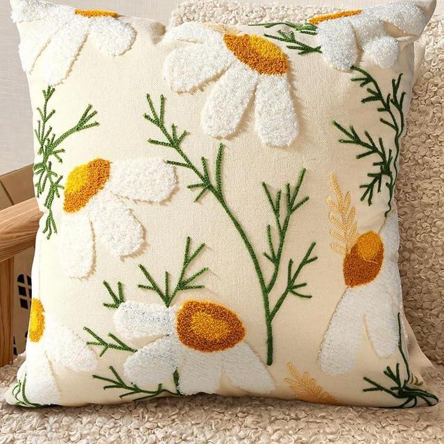 Kokaaee Embroidered Throw Pillow Cover - 18x18 Outdoor Decorative Pillow Covers with Zipper for Couch Sofa Bedroom Aesthetic White Daisy Soft Cozy Cotton Pillowcase Covers with Patterned