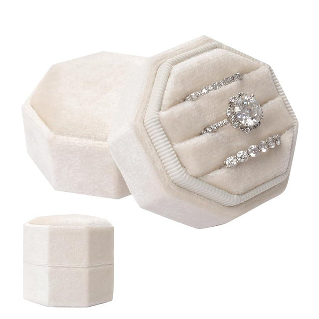 Gvhntk Velvet 3 Slots Jewelry Ring Box Vintage Octagon Ring Display Holder Gift Premium Gorgeous Case with Detachable Lid for Wedding Engagement Proposal Keepsake Ceremony (Beige)