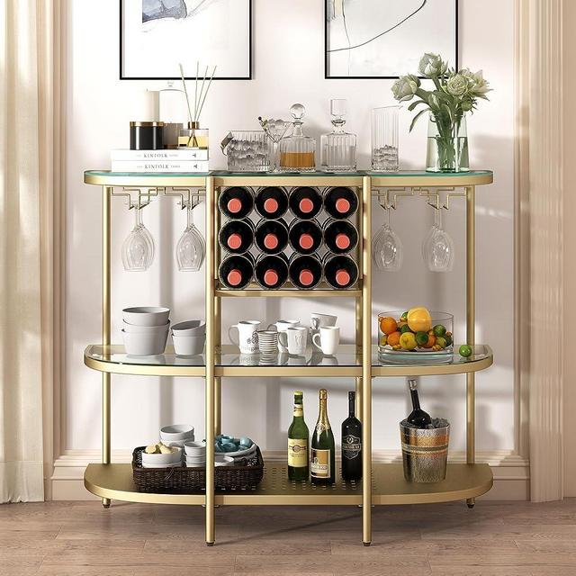 O&K FURNITURE Wine Rack Table with Glass Holders, 3-Tier Liquor Bar Table, Home Bar Coffee Bar Table for Living Room Kitchen, Gold