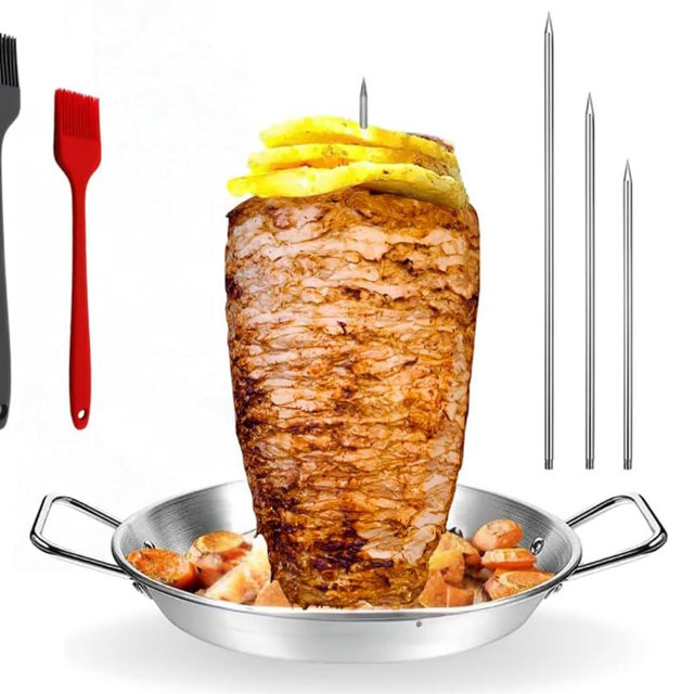 Al Pastor Skewer for Grill, Stainless Steel Vertical Gyro Plate for Oven, Rotate, Spit Stand, with Brushes, 3 Removable Spikes 8/10/12 BBQ Dishes Shawarma Stand, Kebabs Smoker, Tacos.