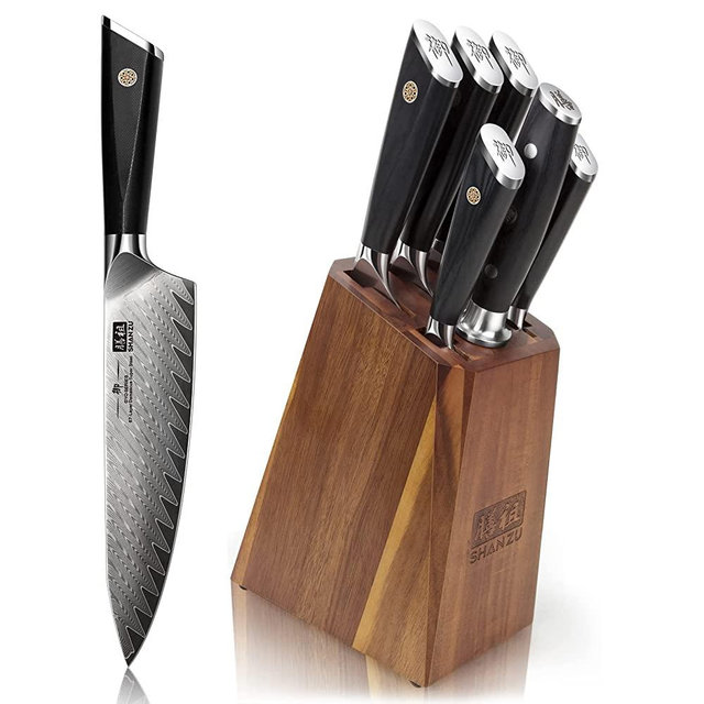 Damascus Kitchen Knife Set, SHAN ZU 7-Piece Professional Knife Sets for Chefs, Japanese AUS-10V Super Steel With G10 Handle Knife Block Set, GYO Series